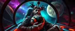 portrait of space gypsy bloodsucker space traveller in avid space craft, unearthly beauty nature dreamlike, jungle sexy one, holding his captain helmet in lap, goa trance halloween glam rock soul opera, explorer new frontier, meeting with two new races beyond our star system