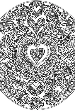 kids coloring page, mandala of flowers and hearts, cartoon style, thick lines, low detail, no shading