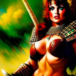 portrait oil on canvas, beautiful punk busty female Barbarian Warrior,green eyes, ,minimal armor,comic book cover, mystical colors,insanely detailed,realistic,intrincate detail, 16k resolution, masterpiece,Frank Frazetta,Alex Horley, Simon Bisley