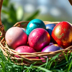 digital photograph of off-center modern basket colorful Easter eggs. eggs display intricate textures in azure, emerald, blush, crimson, sapphire, and gilded metallic hues. cinematic HDR backlighting highlights subtle dimples and glossy reflections, with shallow depth of field softening the sunlit background. hyperrealistic 8k resolution,