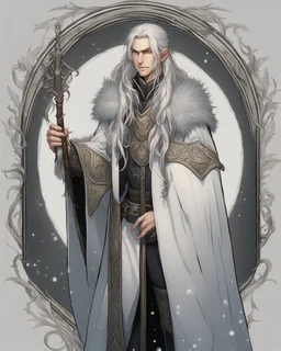 a young High Elf frost Wizard with long wiry hair, wearing a black trimmed white nobleman's robe and frost ornaments on clothes, holding an ornate wizard's staff.