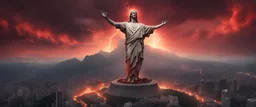 Hyper Realistic apocalyptic view of The statue of Christ the Redeemer & fireballs with dark red sky