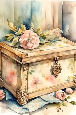 Vintage Mystery Box Watercolor Painting , Shabby chic style