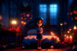 Cute chibi girl in a bedroom at night, flowers in candlelight, heart and love, ethereal, cinematic postprocessing, bokeh, dof Weight:1 detailed matte painting, deep color, fantastical, intricate detail, splash screen, complementary colors, fantasy concept art, 8k resolution trending on Artstation Unreal Engine 5 Weight:0.9