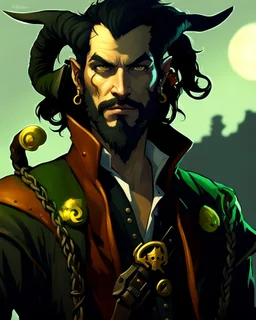 fantasy demon tiefling horned, small ram horns, pale skin, gray skin, rogue scoundrel happy go lucky, cheeky smirk, winking, gunslinger pirate pistol, pirate gear, yellow shining cat eyes, black neck length hair, short black beard, green jacket, leather ammo belt, braided goatee