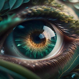 Photoreal close-up of an eye reflecting a forest