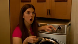 very confused young woman puts silverware spoons in her dryer