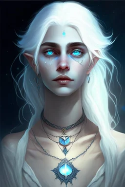 hauntingly beautiful character for dnd, young woman with white hair and blue eyes, angel, with moon necklace