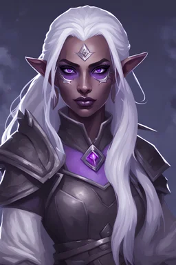 Dungeons and Dragons portrait of the face of a drow rogue blessed by eilistraee. She has purple eyes, pale armor and white hair. Has a playful expression and looks to be in her early twenties
