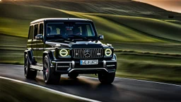 A sleek ((( Mercedes-AMG G 63 BMW))) with a majesticly curved rear, cutting through a (sunny, open countryside) backdrop
