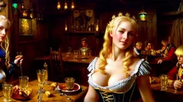 fullbody portrait 'beautiful face busty blonde medieval wench on tavern in medieval city'wearing tight corset,painting by gaston bussiere, greg rutkowski, yoji shinkawa, yoshitaka amano, tsutomu nihei, donato giancola, tim hildebrandt, oil on canvas, cinematic composition,sharp image, extreme detail,((fit full head inside picture)),32k