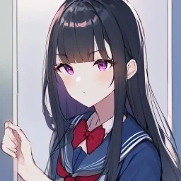 Clear focus, High resolution, rough line sketch, black long hair chopped bangs, purple eyes, wearing a sailor uniform with a red bow, opening door, suprised look on face