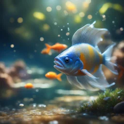 The sprite Gave the fish a gentle kiss, ,bokeh like f/0.8, tilt-shift lens 8k, high detail, smooth render, down-light, unreal engine,bokeh like f/0.8, tilt-shift lens 8k, high detail, smooth render, down-light, unreal engine