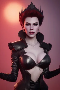 Hannah Waddingham as evil queen in black leather, busty, cleavage, voluptous, rebecca Welton, angry, stern look. character design by cory loftis, fenghua zhong, ryohei hase, ismail inceoglu and ruan jia. unreal engine 5, artistic lighting, highly detailed, photorealistic, fantasy