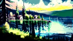 Couer D Alene lake drawn in rpg painterly art style