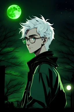 moon in the background at night persona style Teen boy with white hair and green eyes with glasses