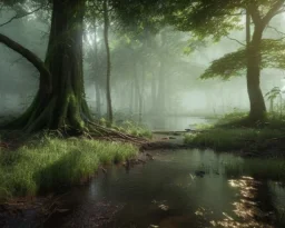 super woods with abundant water with high details of forest well lit with sunlight and with diversity of plants