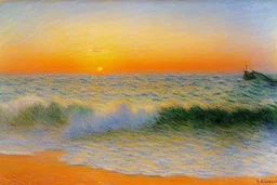 Amazing sunset, sea waves, sand, max liebermann and claude monet painting