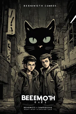 Create a book cover visualization. Against a dark urban underground backdrop, place three fearless teenagers in different characteristic poses, expressing determination. Next to them, position a mysterious black cat with ominous eyes, looking towards the viewer. The title 'Behemoth and Computer Zombies' should be centered in a dynamic, somewhat mysterious font. Surrounding the main outline of the cover, add elements related to the book's main themes, such as a computer screen with game ch