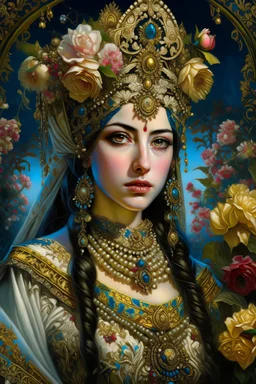 Beautiful facee Iranian Princess front wiev portrait, adorned with giant Jasmine, and lily flower ,roses , golden pearls , zafir gemstone headress, wearing floral, lace, pearls, zafirs ornate Iranian costume, organic bio spinal ribbed detail of Iranian style full jasmin and rose and persian garden background by the moonlight extremely detailed hyperrealistic maximalist portrait art