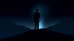 a medium quality illustration of a tall, dark silhouette of a person ((standing before the astral abyss)), surreal, dream-like, mystical, cosmic vibes, ethereal, mysterious, fantasy art, digital painting, backlit, silhouette art, moonlit scene, minimalistic, high contrast, evening sky, vastness of space, contemplation, human figure, surrealism, celestial, unknown dimensions, infinite universe, journey into the unknown