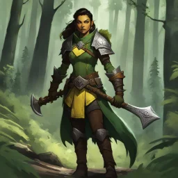 (in the forest) Vex'na is about six feet tall, with shoulders broad enough to suggest she could wield that axe with ease. Her teeth are yellow, her skin bears the mottled green-brown pattern typical of her heritage, but the way she carries herself marks her as someone who has survived to more dangers than most half-orcs manage at ther age in this unforgiving world. There are scars across her arms and neck, white against the darker skin, each one telling a story of battles survived. Her eyes, whe