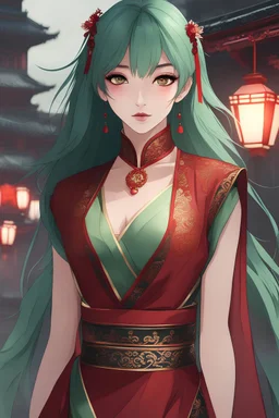 Woman with light green hair, vivid eyes, makeup, dark eyeshadow, dull red silk Oriental dress, Asian city background, RWBY animation style