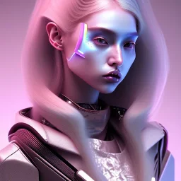 Cyber teenager, fluoride makeup, blonde, geisha style hair, white skin, pattern dress, velvet, vibrant color, cyberpunk style, highly detailed, art stations, concept art, smooth, unreal engine 5, god rays, ray tracing, RTX, lumen lighting, ultra detail, volumetric lighting, 3d, finely drawn, high definition, high resolution, gradient background