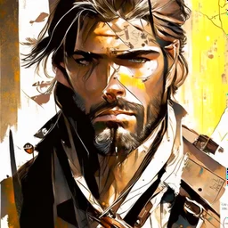 This tough handsome man is a real treasure hunter, adventurous and handsome, he carries a treasure map and suitcase.,In the background is a beautiful compass to show him the way, vertical lines and squares, Style of Ashley Wood, Daniel Gerhart, Thomas Saliot Modifiers: intricate portrait beautiful high detail close up painterly cartoonisch