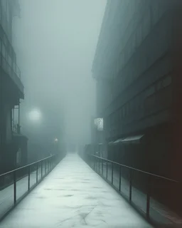 Dark street life creepy fog colours strong texture hgt nightmare 8k artistic Photography volumetric light, Yves Tanguy Max Ernst Egon Schiele