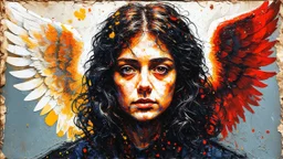 old worn postcard, Portrait Light and darkness in one person, angel and demon in one person, abstract art additional colors small details,