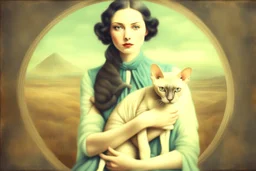 Single image: A Very Beautiful pretty dreamy Lady holding elegant Sphynx-like Siamese cat in eerie beautiful landscape art by Anka Zhuravleva, Sandy Welch, Jane Small, Aliza Razell, Eduard Veith, Joel Robison, Mikhail Vrubel, Ferdinand Hodler, Christoffer Relander, William Timlin, Charles Rennie Mackintosh, John Lowrie Morrison, Sidney Nolan. 3/4 Headshot, Volumetric lighting, 3d, mixed media, Best quality, crisp quality