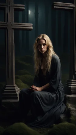 photorealistic hyperdetailed young woman with dirty blonde hair kneeling by a grave with a wooden cross dark fantasy