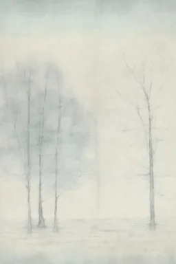 Minimalist rough abstract dusty pastel chalk drawing of oak trees in winter on a textured gesso background.