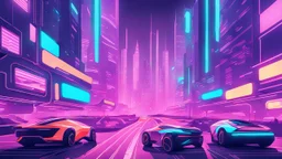 A futuristic cityscape at night with neon lights and flying cars.