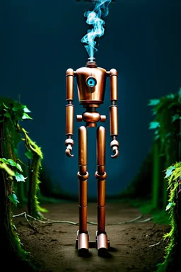 COPILOT PROMPT A majestic, eight-foot-tall automaton, constructed from polished copper and oiled wood, stands in a desolate, overgrown garden. Vines and moss cling to its metallic limbs, and a single, glowing glass eye seems to observe the world with quiet contemplation. A small puff of steam escapes from a valve on its chest, giving the only sign of life. The background is the rusted, decaying façade of a grand Victorian manor, half-swallowed by the wilderness. The scene should be lit with a s