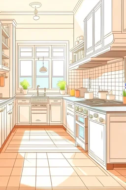 A cartoon drawing of a spacious kitchen