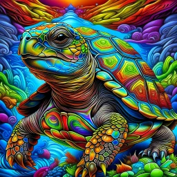 Drawing of a turtle with a colorful background, turtle, turtle, art by Alessandro Pautoso, drawing by Android Jones, spectacular colors hyper realism, adult turtle, colorful!! Highly detailed, colorful hyperrealism, highly detailed bright colors, by Derek Zabrucki, by Tony Sartt, anthropomorphic salamander, world-themed turtle, hyper-detailed colorful