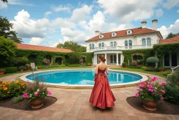 a luxury villa yard with pool in center and pretty plants trees flowers, pretty clouds,a pretty model lady in victorian clothing walking in villa yard