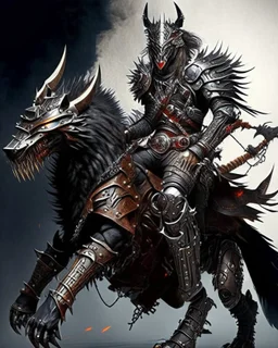 Warrior warrior with leather and metal clothes A combination of a dragon and a wolf and a commander riding on it Warrior warrior with leather and metal clothes and robotic metal