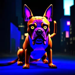 a PURPLE AND ORANGE DOG, BIOLUMINESENT, IN A DARK CITY , HIGH DEF, VRAY, 8K 3D Death warmed over is a half flesh half machine version of the grim reapler with 8 spider like eyes and a central eye to see everying else.