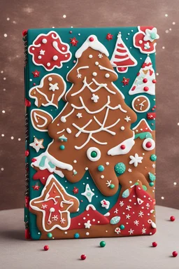 Create a bestselling notebook cover with a festive holiday theme. The design should feature a cheerful gingerbread motif and vibrant colors, evoking the warmth and joy of the season. Incorporate traditional holiday symbols for an eye-catching and must-have look during the holidays.