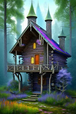 mystical forest, wooden cabin, fine detail, high quality, Neo-Impressionism, mystical, purple blue yellow silver teal black olive azurek, red, pink, brown, sharp focus,