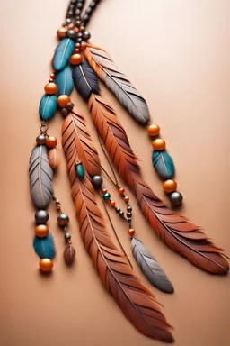 feathers and beads on leather string moving in the wind, warm colors, sharper details, fantasy