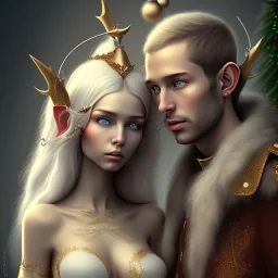 two elves. woman and man. Christmas scene. photorealistic. low-key