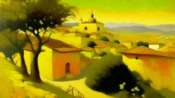 A golden yellow Spanish like town painted by Birge Harrison