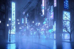 Cinematic, romantic, atmospheric, night, Tokyo, dark, rain, high definition, blue neon lights, blender 3d