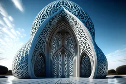 "Imagine a stunning futuristic mosque that seamlessly blends cutting-edge architectural design with traditional Islamic elements. Create an artwork that showcases this harmonious fusion.