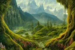 A beautiful and highly detailed oil painting of a secret valley deep in the mountains, ancient trees, lush plant growth, tall grass, flowers, intricate details, epic scale, insanely complex, rivendell, 8 k, sharp focus, hyper realism, fantasy landscape, psychedelic, by caspar friedrich and brian froud