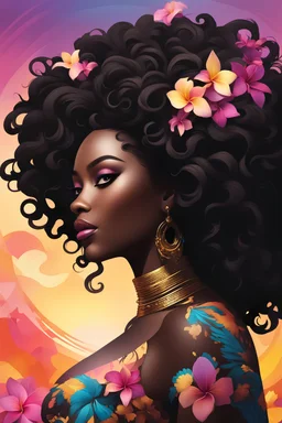 create an silhouette art image of an african curvy female looking to the side with a large mane of curly black flowing thru the wind. 2k prominent make up with hazel eyes. Highly detailed hair. Background of colorful plumeria flowers surrounding her